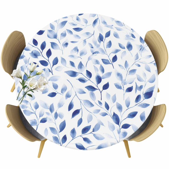 Navy Blue Eucalyptus Round Tablecloth, Fitted Table Cover with Elastic for 55"-60" Round Tables, Spring Summer Botanical Leaves Table Cloth Outdoor Indoor Dinning Party Waterproof Tablecloths