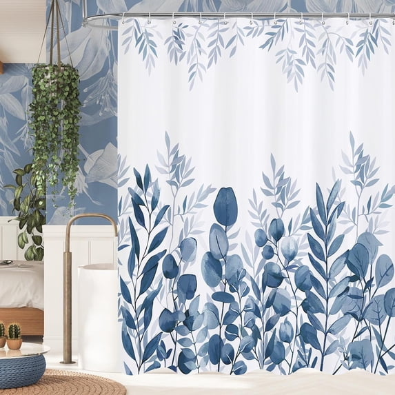 Navy Blue Eucalyptus Shower Curtain, Plant Leaves Vintage Fabric Shower Curtains for Rustic Bathroom Decor, Chic Modern Botanical Shower Curtain, 72x72
