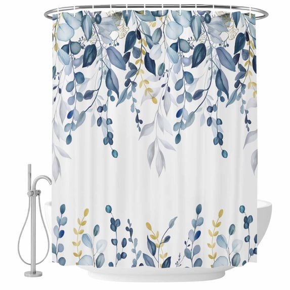 Navy Blue Eucalyptus Shower Curtain, Waterproof Shower Curtains for Bathroom, Watercolor Spring Weeping Botanical Washable Fabric Bathtub Curtain Set Bath Decor with 12 Hooks Long 72"x84"