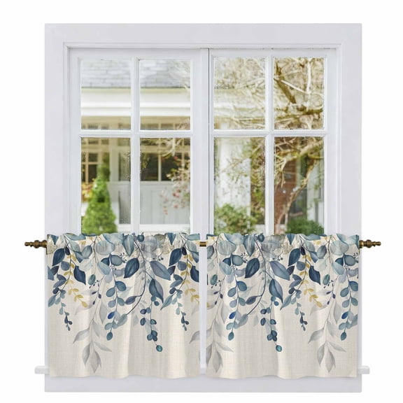 Navy Blue Eucalyptus Tier Curtains 36 Inch Length, Farmhouse Weeping Leaves Linen Cafe Short Curtains for Bathroom Over Sink, Small Kitchen Curtain Light Filtering Tiered Drapes 2 Panels 27.5"Wx36"L