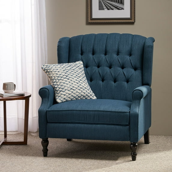 Navy Blue Fabric One and a Half Seater Manual Recliner Chair for Living Room, Bedroom, Oversized Design with Wingback and Diamond Stitch