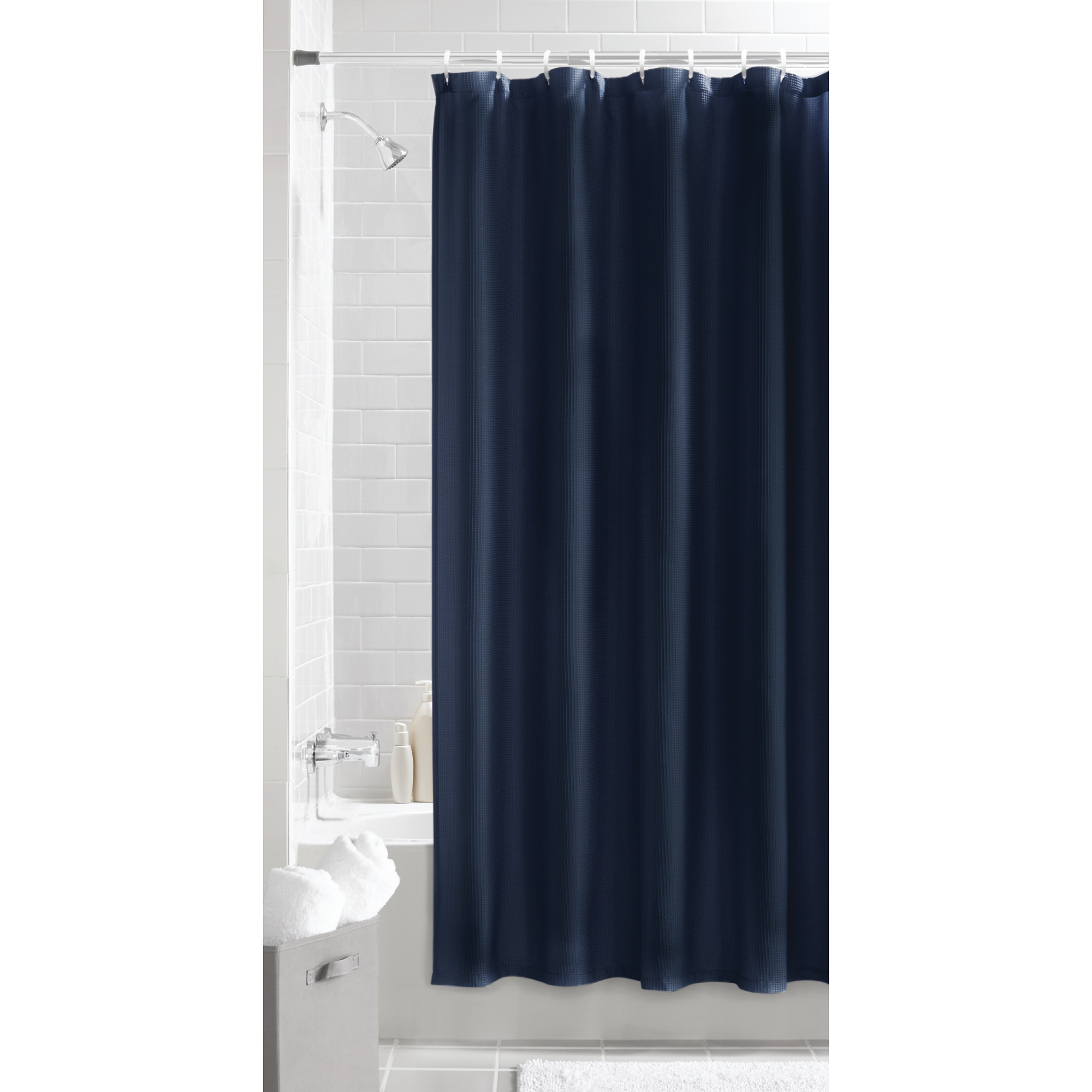 Navy Blue Fabric Shower Curtain, 70" x 72", Mainstays Classic Waffle Weave Pattern - image 1 of 5