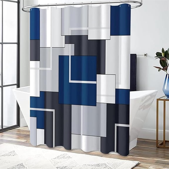Navy Blue Fabric Shower Curtain - Geometric Bath Curtain Set Modern Decorative Polyester Cloth Shower Curtains For Bathroom 36"W x 72"L