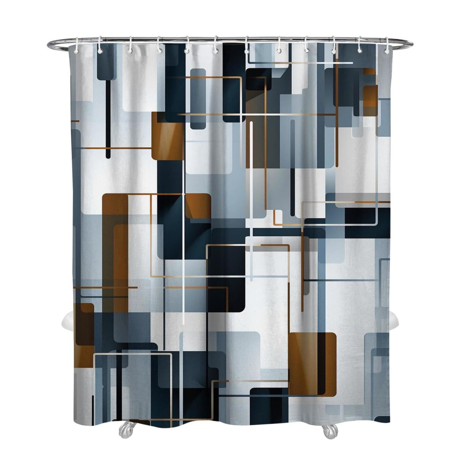 Navy Blue Fabric Shower Curtain Geometric Shower Curtain Set with 12