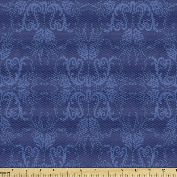 Ambesonne Damask Fabric by the Yard Upholstery, Victorian Baroque Ornament, 2 Yards, Indigo