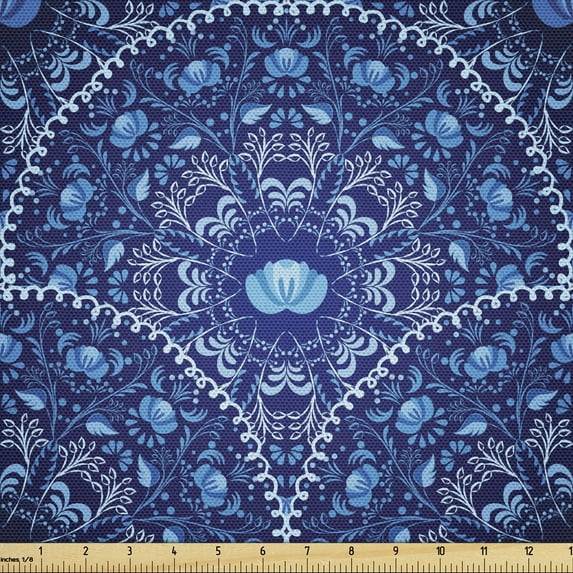 Navy Blue Fabric by the Yard, Circular and Floral Alike Oriental Style Patterned Design Art, Upholstery Fabric for Dining Chairs Home Decor Accents, Navy Blue White and Blue by Ambesonne