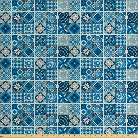 Ambesonne Navy Blue Fabric by the Yard Upholstery, Grid Ornamental Squares, 3 Yards, Multicolor