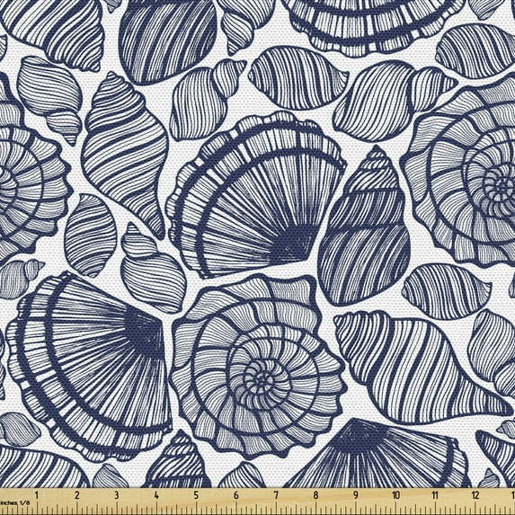 Ambesonne Navy Blue Fabric by the Yard Upholstery, Aquatic Animals Lines, 1 Yard, Dark Blue White
