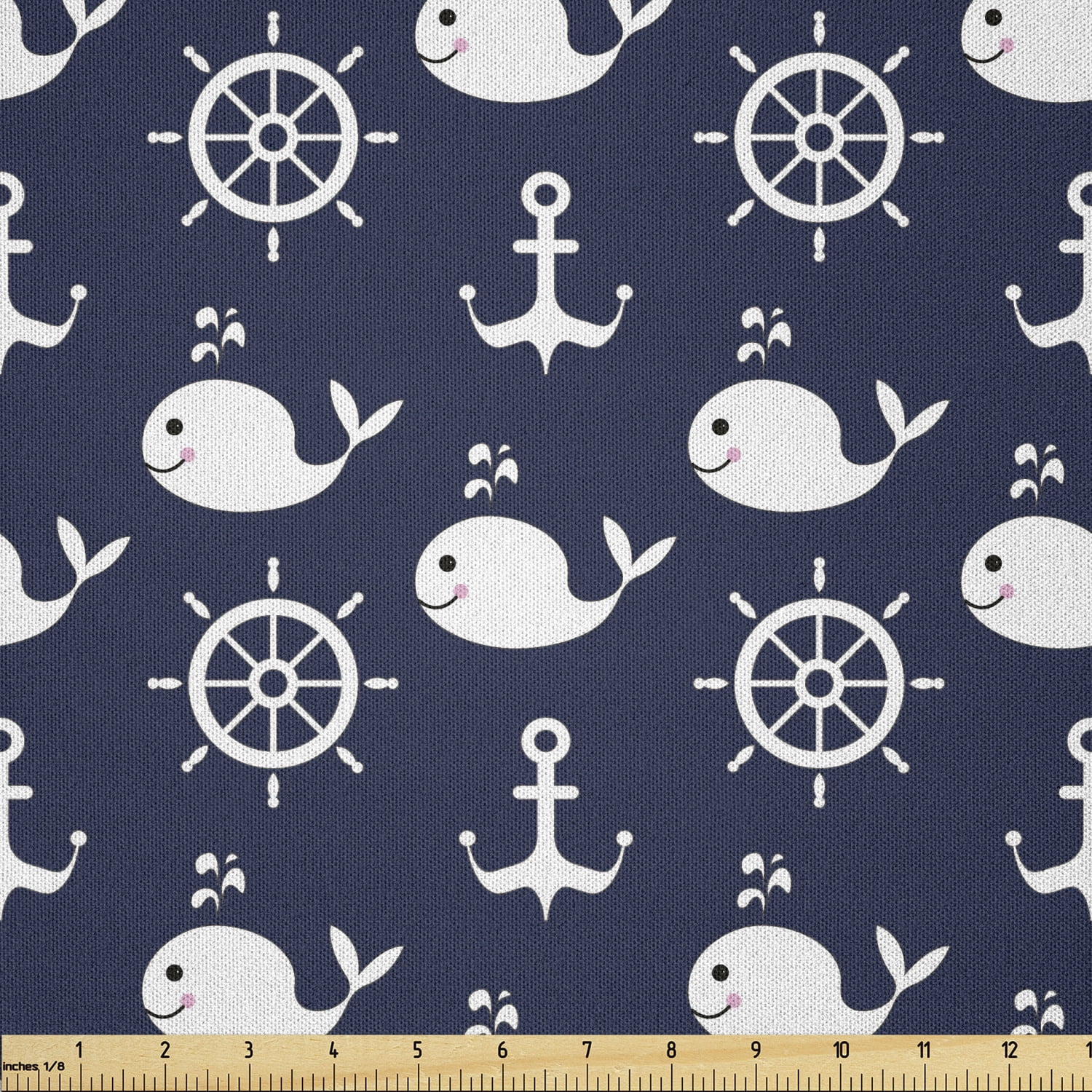 Nautical Pattern Textiles Navy Blue Fabric by The Yard, Maritime Pattern with Whales Helms ...