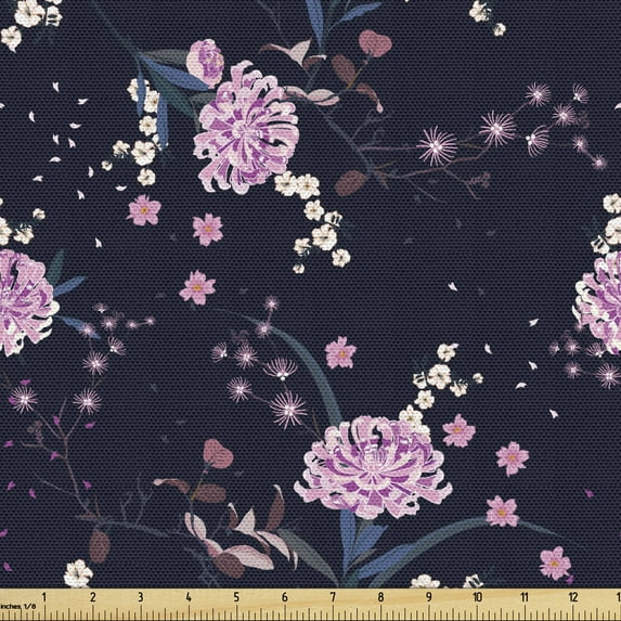 Ambesonne Navy Blue Fabric by the Yard Upholstery, Various Cherry Blossoms, 5 Yards, Pale Pink Dark Indigo