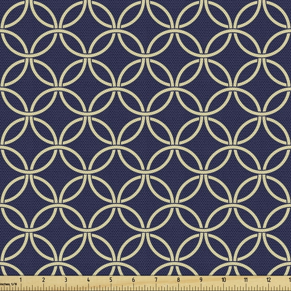 Ambesonne Navy Blue Fabric by the Yard Upholstery, Oriental Round Shapes, 3 Yards, Navy Blue Beige