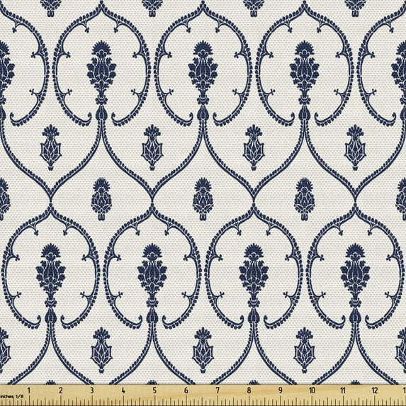 Ambesonne Navy Blue Fabric by the Yard Upholstery, Floral Damask Art, 10 Yards, Off White and Indigo