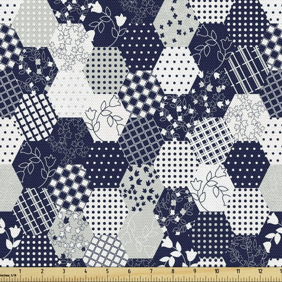 Ambesonne Navy Fabric by the Yard Upholstery, Patchwork Style Dots Star, 1 Yard, Navy and White