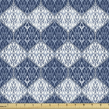 Ambesonne Navy Fabric by the Yard Upholstery, Oriental Patchwork, 3 Yards, Pale Blue Dark Blue