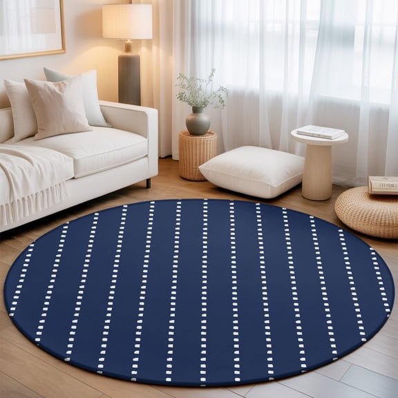 Navy Blue Faded Stripes 3' Round Rug for Bathroom Accent Bedside Corner, Modern Abstract Art Minimalist Dots Lines Washable Non Slip Circle Area Rug for Small Spaces
