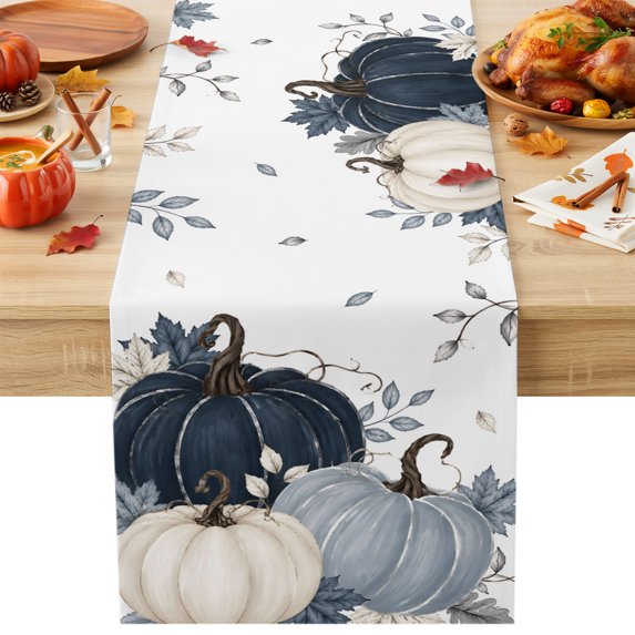 Navy Blue Fall Cotton Linen Rectangle Table Runners 13"x36", Pumpkin Botanical Autumn Thanksgiving Coffee Table Runner Dresser Scarves Luxury Table Runners for Wedding Party Banquet Dinner Decor