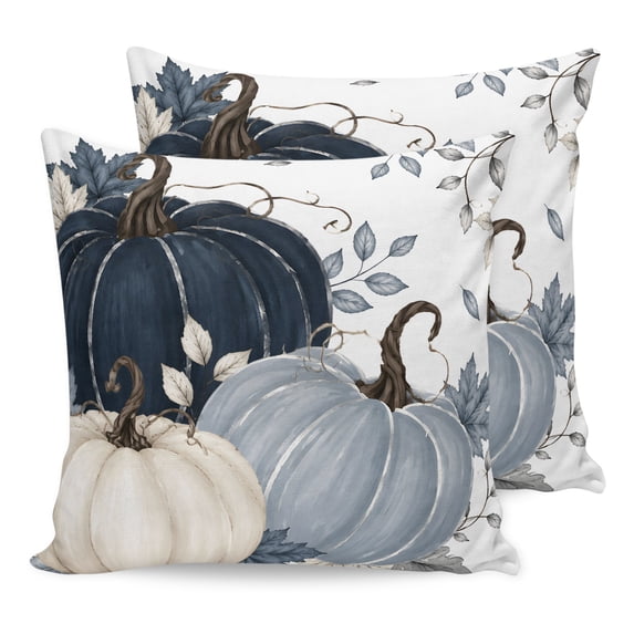 Navy Blue Fall Pillow Covers 26x26 Set of 2, Pumpkin Botanical Autumn Thanksgiving Throw Pillow Covers Decorative Couch Cushion Cover, Microfiber Soft Square Pillowcases for Bedroom Living Room Sofa