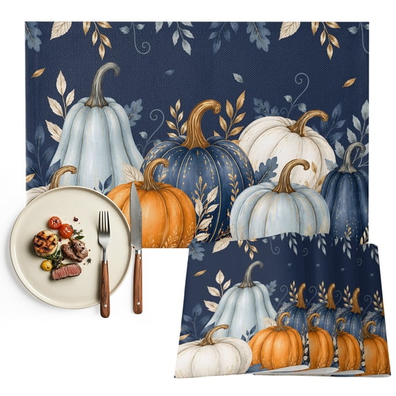 Navy Blue Fall Placemats Set of 2, Botanical Leaves Thanksgiving Pumpkins Washable Wipeable Table Mats for Dining Tables, Indoor Outdoor Kitchen Place Mats for Holiday Party Table Decor