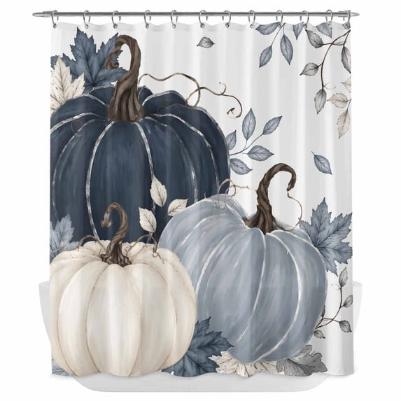 Navy Blue Fall Shower Curtain - Water Repellent Fabric Shower Curtains Washable, Pumpkin Botanical Autumn Thanksgiving Decorative Polyester Cloth Bathroom Curtains Modern Bath Decor 72"x84"