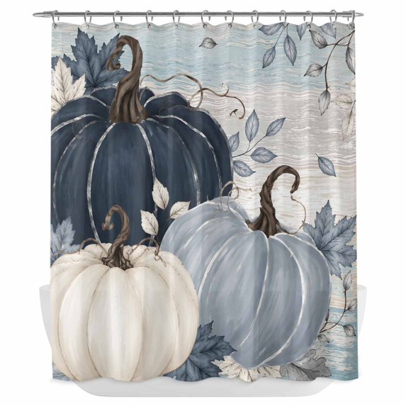 Navy Blue Fall Shower Curtain - Water Repellent Fabric Shower Curtains Washable, Thanksgiving Harvest Botanical Pumpkin Vintage Decorative Polyester Cloth Bathroom Curtains Modern Bath Decor 72"x72"