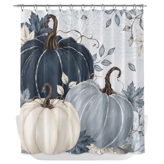 Navy Blue Fall Shower Curtain - Water Repellent Fabric Shower Curtains Washable, Thanksgiving Maple Leaf Botanical Pumpkin Decorative Polyester Cloth Bathroom Curtains Modern Bath Decor 72"x84"