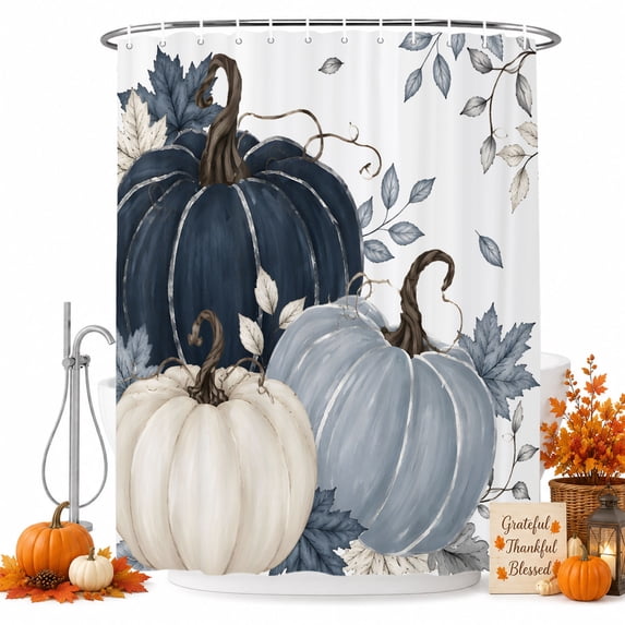 Navy Blue Fall Shower Curtain, Waterproof Shower Curtains for Bathroom, Pumpkin Botanical Autumn Thanksgiving Washable Fabric Bathtub Curtain Set Bath Decor with 12 Hooks Standard 72"x72"