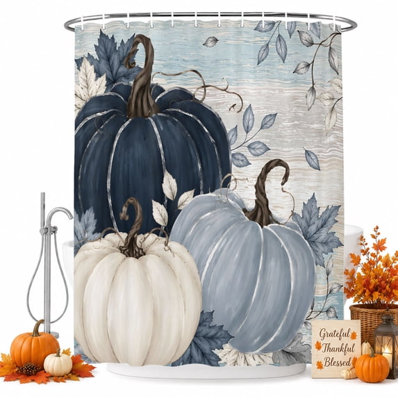 Navy Blue Fall Shower Curtain, Waterproof Shower Curtains for Bathroom, Thanksgiving Harvest Botanical Pumpkin Vintage Washable Fabric Bathtub Curtain Set Bath Decor with 12 Hooks Long 72"x84"
