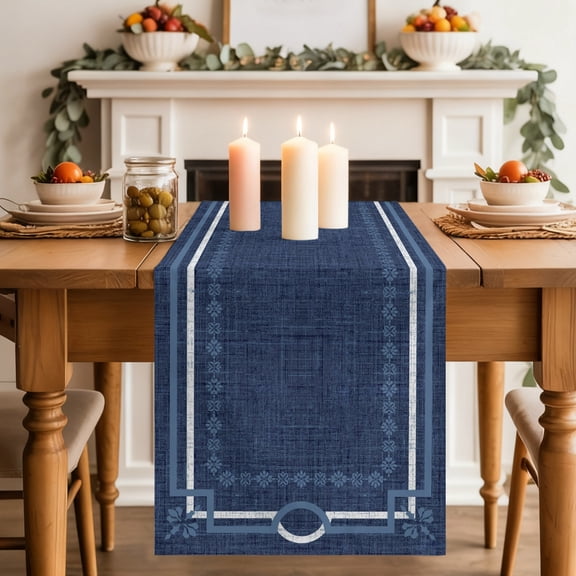Navy Blue Farmhouse Dining Table Runner, Linen Texture Geometric Lines Floral Boho Washable Table Runners Kitchen Coffee Table Center Decor for Home Party Holiday Wedding 18 x 72 Inches