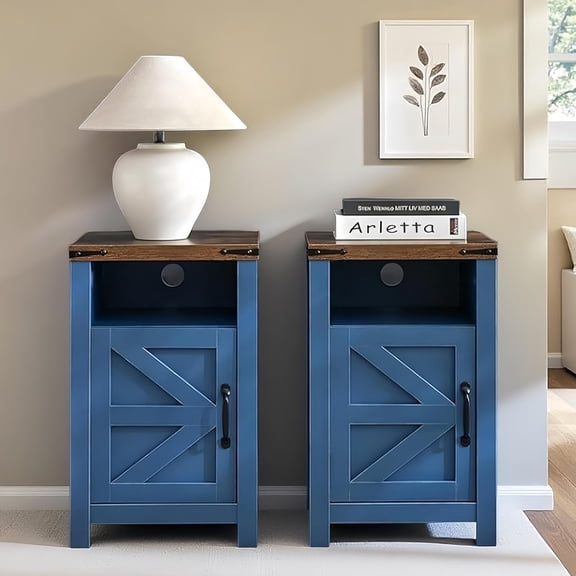Navy Blue Farmhouse Nightstand Set of 2, Rustic End Table with Barn Door and Shelf, Bedside Table with Charging Station for Living Room, Bedroom