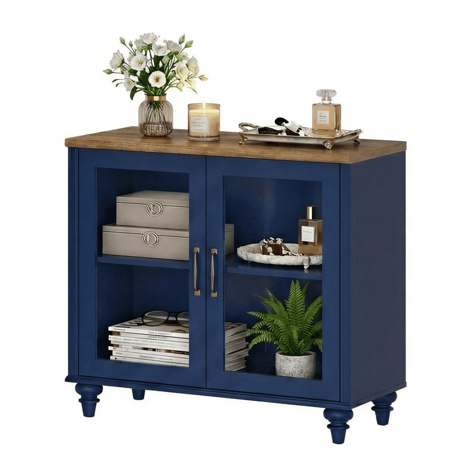 Navy Blue Farmhouse Nightstand with Glass Doors, Mid Century Modern Wide Storage Side Table for Bedroom and Living Room