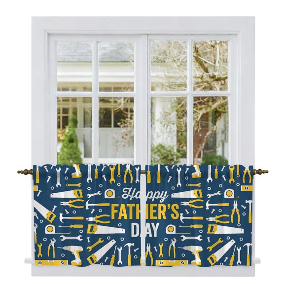 Navy Blue Father's Day Tier Curtains 24 Inch Length, Yellow Funny Words Cafe Short Curtains for Bathroom Over Sink, Small Kitchen Curtain Light Filtering Tiered Drapes 2 Panels 27.5"Wx24"L