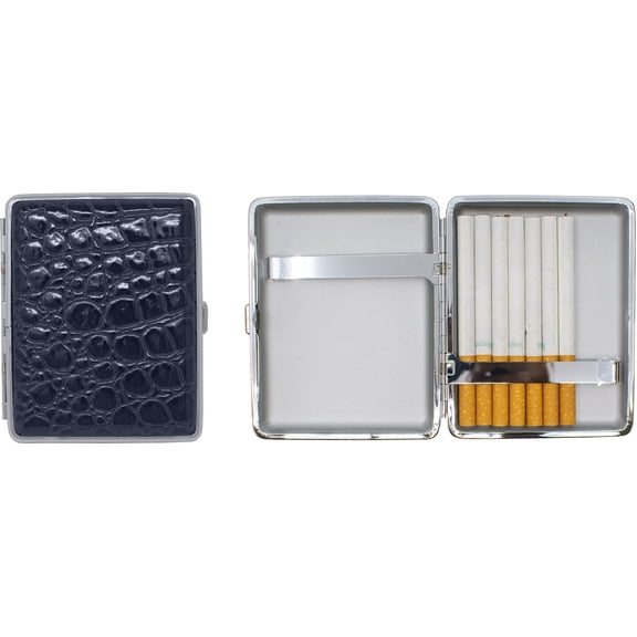 Set of 2 Metal-Plated 100s Leather Cigarette Case & Stash Box (Crocodile Navy)
