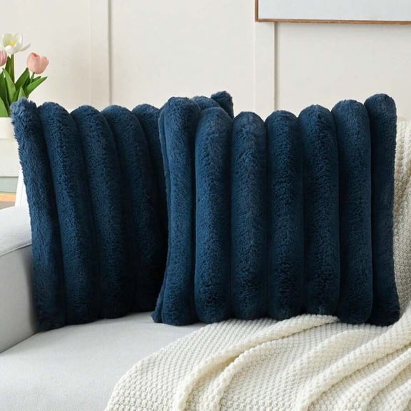 Navy Blue Faux Fur Vertical Ribbed Bolster Pillow Cover, Soft Decorative Lumbar Sham For Sofa