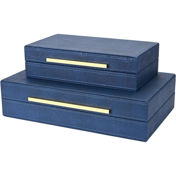 Navy Blue Faux Leather Decorative Nesting Boxes with Lids Set of 2