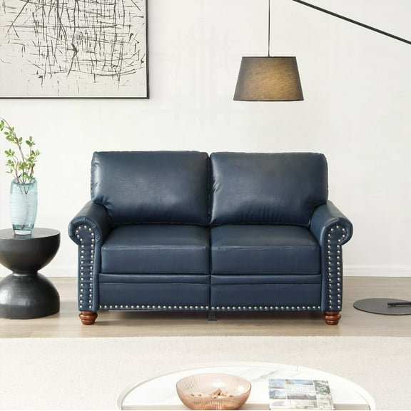 Modern Navy Blue Faux Leather Loveseat with Round Arms and Silver Nails, 59.45"L x 31.89"W x 34.5"H