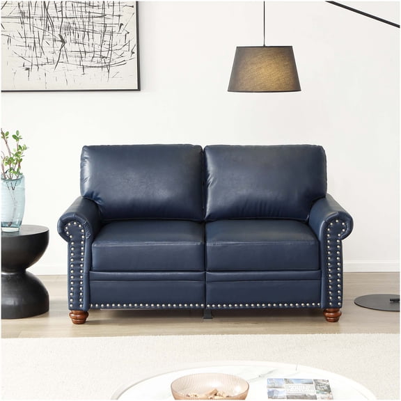 Navy Blue Faux Leather Loveseat Sofa with Round Arms and Silver Nailhead Trim
