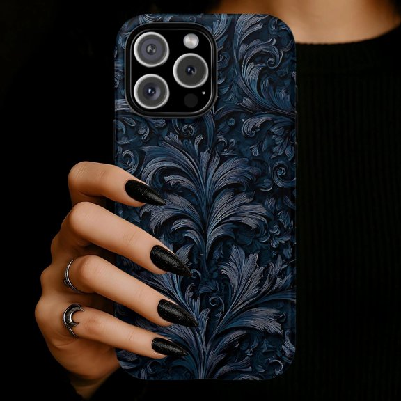 Navy Blue Feather Scroll Tough Phone Case, Polycarbonate and TPU, for Apple iPhone Models