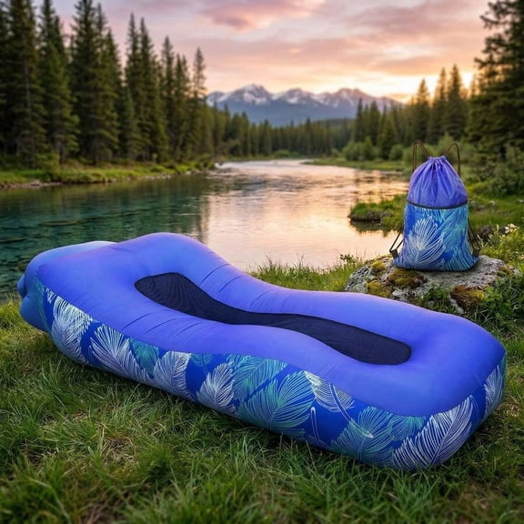 Navy Blue FeatherInflatable Lounger Air Sofa With Headrest - Lightweight Beach Chair For Camping, Outdoor, Indoor Use, Waterproof & Leak-Proof, No Pump Needed, Portable Pool Float Lounge
