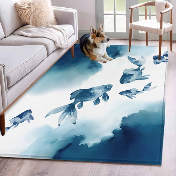 Navy Blue Fish Area Rugs 2.7'x5', Washable Small Throw Rugs for Kitchen Bedroom, Nautical Coastal Summer Ocean Modern Art Indoor Outdoor Rug Non-Slip Low Pile Carpet Runner Reversible Floor Mats