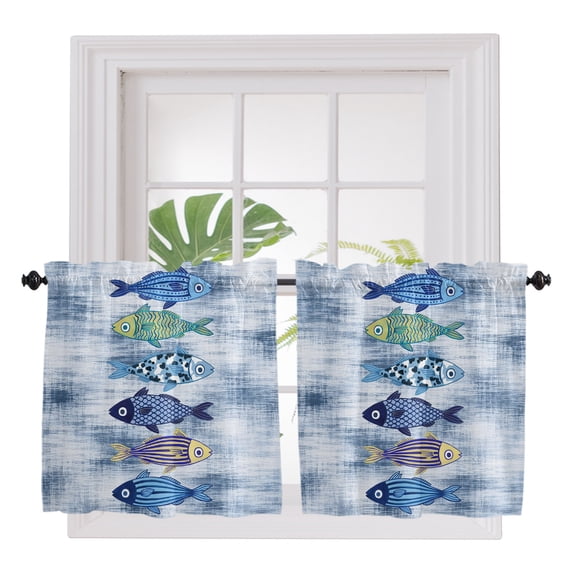 Navy Blue Fish Coastal 2 Panel Kitchen Curtains for Small Windows, Nautical Ocean Summer Seaside Bathroom Tier Curtain, Short Window Treatment for Bedroom/Living Room 55"x24"