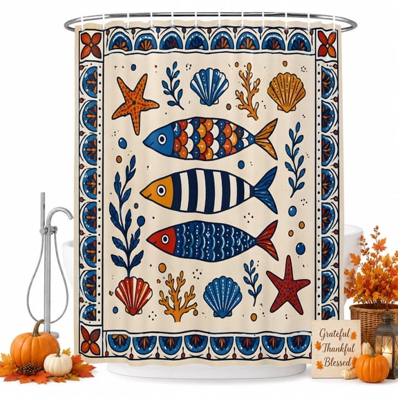 Navy Blue Fish Coastal Shower Curtain, Waterproof Shower Curtains for Bathroom, Nautical Modern Abstract Art Seaside Washable Fabric Bathtub Curtain Set Bath Decor with 12 Hooks 72"x78"