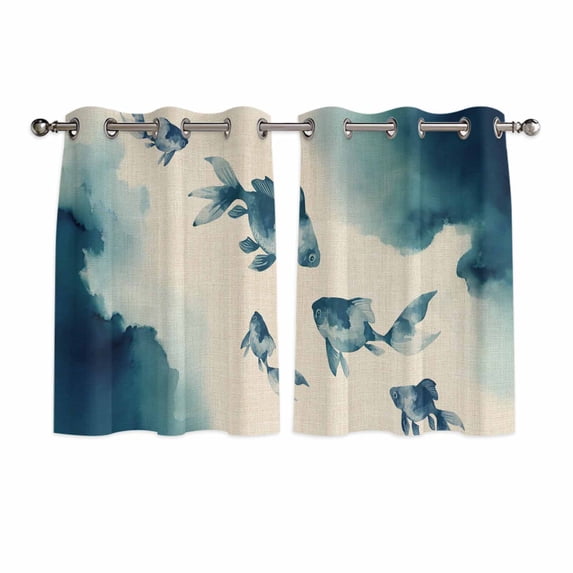 Navy Blue Fish Kitchen Curtains Window Panels, Nautical Coastal Summer Ocean Modern Rustic Insulated Window Treatment Curtain, Grommet Curtains for Bedroom/Living Room/Bathroom, 2 Piece 52"Wx45"L