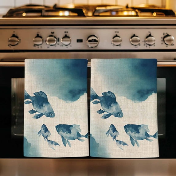 Navy Blue Fish Kitchen Towels Set of 3, Nautical Coastal Summer Ocean Modern Rustic Absorbent Dish Towels for Kitchen, Microfiber Hand Towel, Quick Drying Tea Towel for Cleaning Decorative Dishcloths