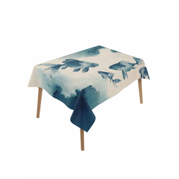 Navy Blue Fish Rectangle Tablecloth, Nautical Coastal Summer Ocean Modern Rustic Waterproof & StainResistant Tablecloth, Washable Oil-proof Table Cover for Dining/Party/Wedding/Buffet 60x102 In