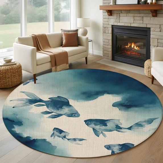 Navy Blue Fish Round Area Rug 6Ft Washable Circle Rugs for Bathroom Office, Nautical Coastal Summer Ocean Modern Rustic Non-Slip Carpet Floor Mats Indoor Outdoor Carpet Runner Aesthetic Home Decor