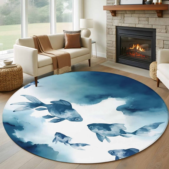Navy Blue Fish Round Area Rug 7Ft Washable Circle Rugs for Dorm Laundry Room, Nautical Coastal Summer Ocean Modern Art Non-Slip Carpet Floor Mats Indoor Outdoor Carpet Runner Aesthetic Home Decor
