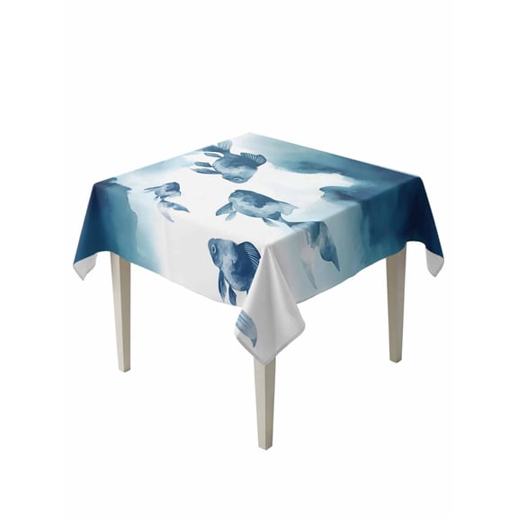 Navy Blue Fish Table Cloth, Waterproof Tablecloth for Square Tables, Nautical Coastal Summer Ocean Modern Art Reusable Washable Fabric Table Cover for Restaurant Kitchen Dining Tables 54"x54"