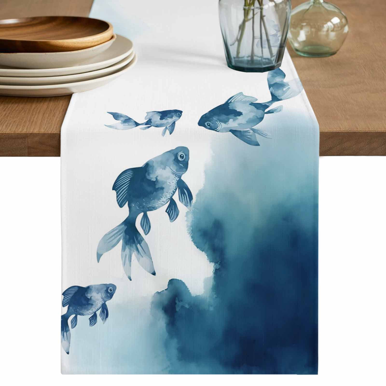 Navy Blue Fish Table Runner, Nautical Coastal Summer Ocean Modern Art ...