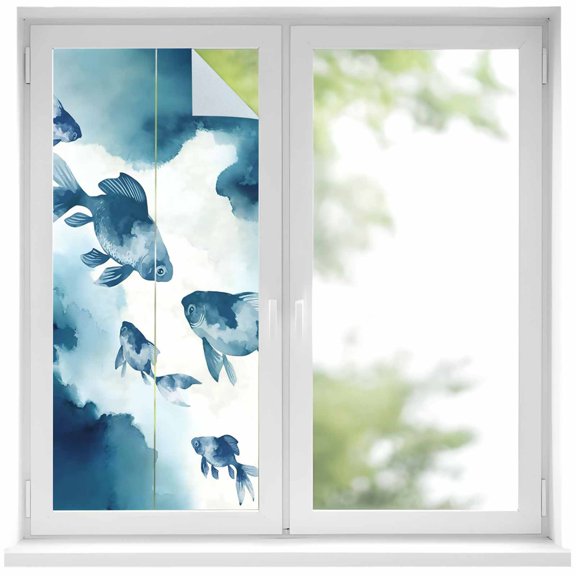 Navy Blue Fish Window Privacy Film, Nautical Coastal Summer Ocean Modern Art Static Cling UV Sun Blocking Heat Control Window Tint Day and Night, Non-Adhesive One Way Privacy Cover 19.6''x39.3''