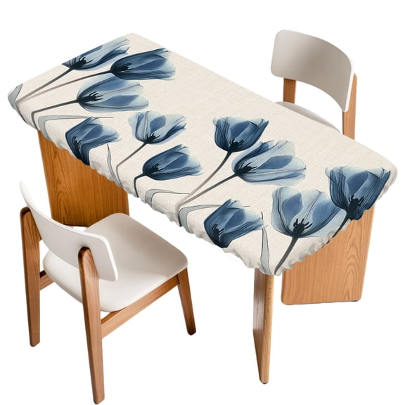 Navy Blue Fitted Rectangle Tablecloth 24" x 50" Tulip Minimalist Modern Flower Art Linen Background Elastic Table Cloth Fits for 4 Foot Folding Tables Waterproof Table Cover for Picnic Camping